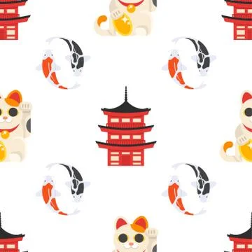 Vector flat style seamless pattern with Japanese traditional symbols Stock Illustration