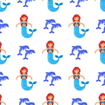Vector flat style seamless pattern with mermaid Stock Illustration