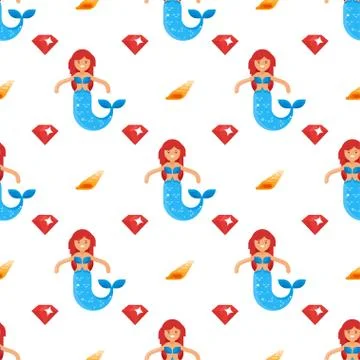 Vector flat style seamless pattern with mermaid and diamond Stock Illustration