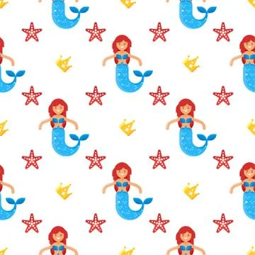 Vector flat style seamless pattern with happy mermaids Stock Illustration