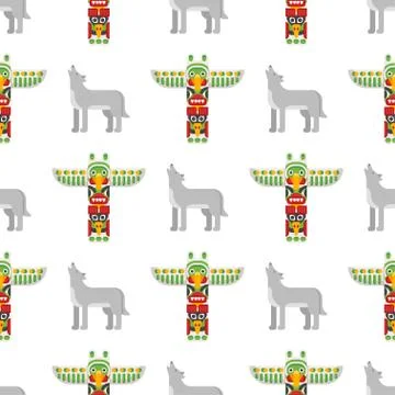 Vector flat style seamless pattern with tribal totem and wolf Stock Illustration