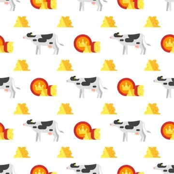 Vector flat style seamless pattern with cheese and cow Stock Illustration
