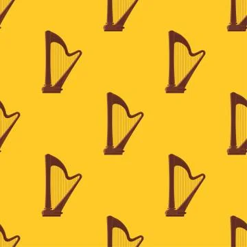 Vector flat style seamless pattern with antique musical instrument harp Stock Illustration