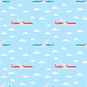 Vector flat style seamless pattern with plane Stock Illustration