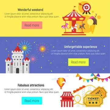 Vector flat style set of amusement park for kids banners Stock Illustration