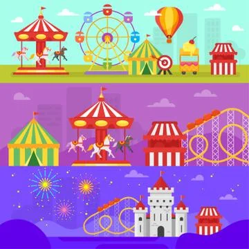 Vector flat style set of amusement park for kids banners Illustrazione stock