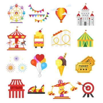 Vector flat style set of amusement park fun icons. Stock Illustration