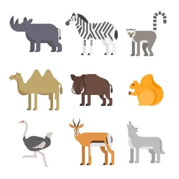 Vector flat style set of animals. Rhinoceros, wolf, lemur. Stock Illustration