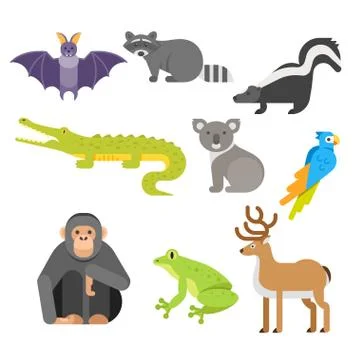 Vector flat style set of animals. Crocodile, raccoon, monkey. Stock Illustration