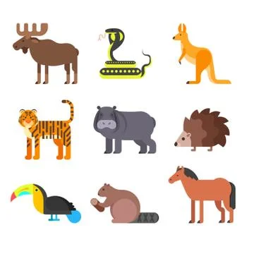 Vector flat style set of animals. Hedgehog, tiger, snake. Stock Illustration