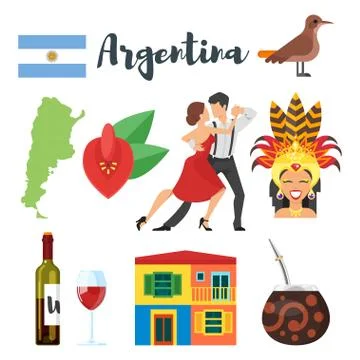 Vector flat style set of Argentina national cultural symbols Stock Illustration