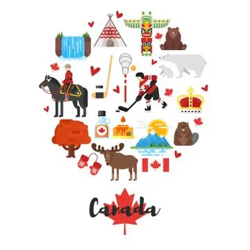 Vector flat style set of Canadian national cultural symbols. Stock Illustration