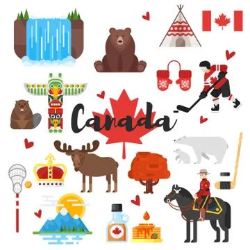 Vector flat style set of Canadian national cultural symbols. Illustrazione stock
