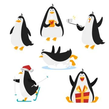Vector flat style set of christmas penguin. Isolated on white background. Stock Illustration