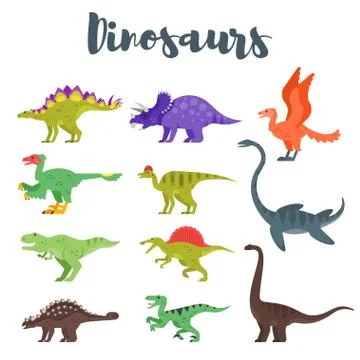 Vector flat style set of colorful prehistoric dinosaurs. Stock Illustration