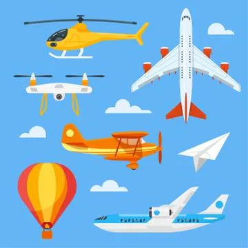 Vector flat style set of colorful air transport. Stock Illustration