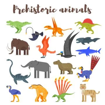 Vector flat style set of colorful prehistoric dinosaurs and anim Stock Illustration