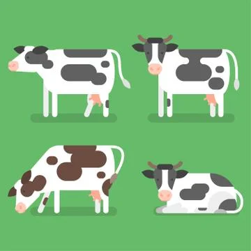 Vector flat style set of cow. Isolated on green background. Stock Illustration