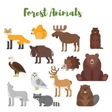 Vector flat style set of forest animals. Stock Illustration