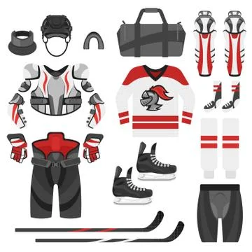 Vector flat style set of hockey equipment. Stock Illustration