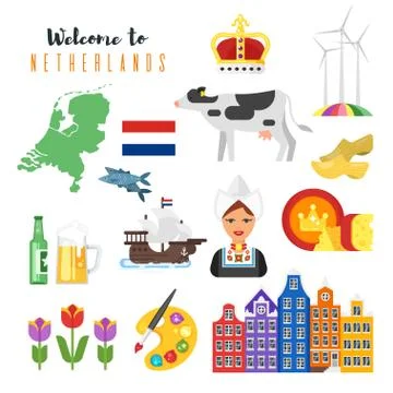 Vector flat style set of Netherlands national cultural symbols. Stock Illustration