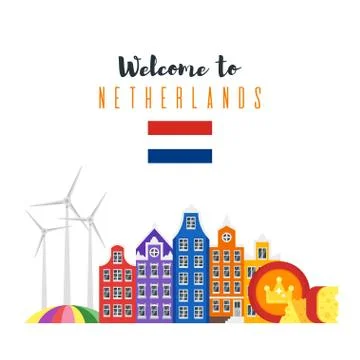 Vector flat style set of Netherlands national cultural symbols. Stock Illustration