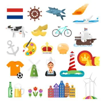 Vector flat style set of Netherlands national cultural symbols. Stock Illustration