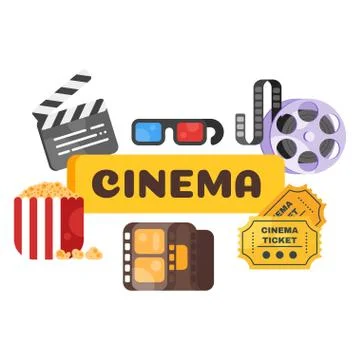 Vector flat style set of old cinema icon for online movies. Stock Illustration