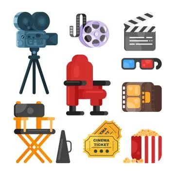 Vector flat style set of old cinema icon for online movies. Isolated on white Stock Illustration