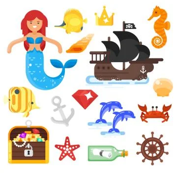 Vector flat style set of sea life icons. Stock Illustration