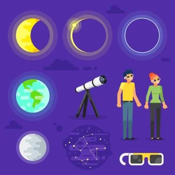 Vector flat style set of solar eclipse elements for infographic. Ilustração Stock