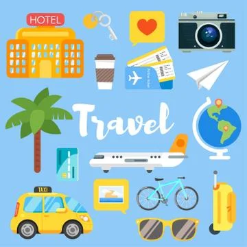 Vector flat style set of travel objects. Stock Illustration