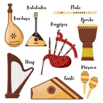 Vector flat style set of various traditional folk musical instruments. Stock Illustration