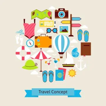 Vector Flat Style Summer Vacation and Travel Objects Concept Stock Illustration
