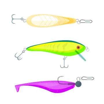 Vector flat style various fishing lures illustration set. Stock Illustration
