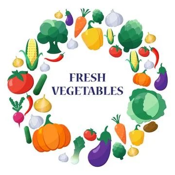 Vector Flat Style Vegetables Set in Circle Shape 스톡 일러스트