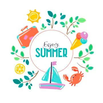 Vector flat summer banner with lettering text in circle frame. Stock Illustration