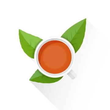 Vector flat tea cup green leafs illustration icon. Stock Illustration
