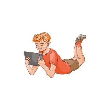 Vector flat teen boy using tablet pc isolated 스톡 일러스트