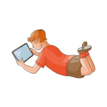 Vector flat teen boy using tablet pc isolated 스톡 일러스트