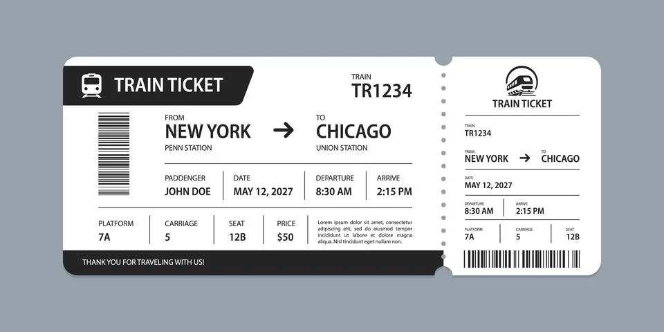 Vector flat train ticket template with passenger information and trip. Stock Illustration