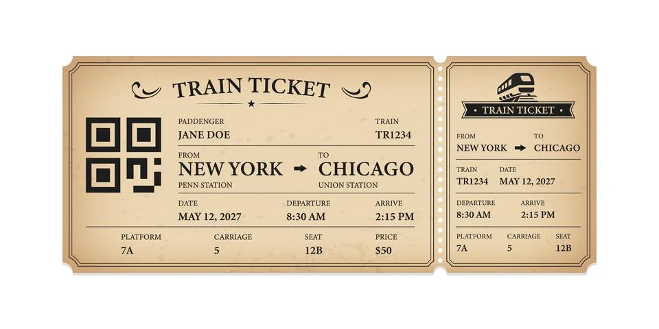 Vector flat train ticket template with passenger information and trip. Stock Illustration