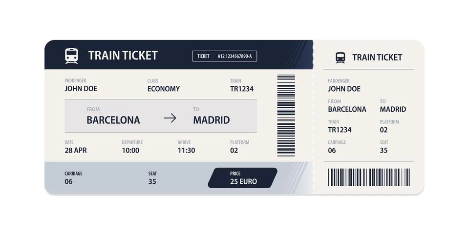 Vector flat train ticket template with passenger information and trip. Stock Illustration
