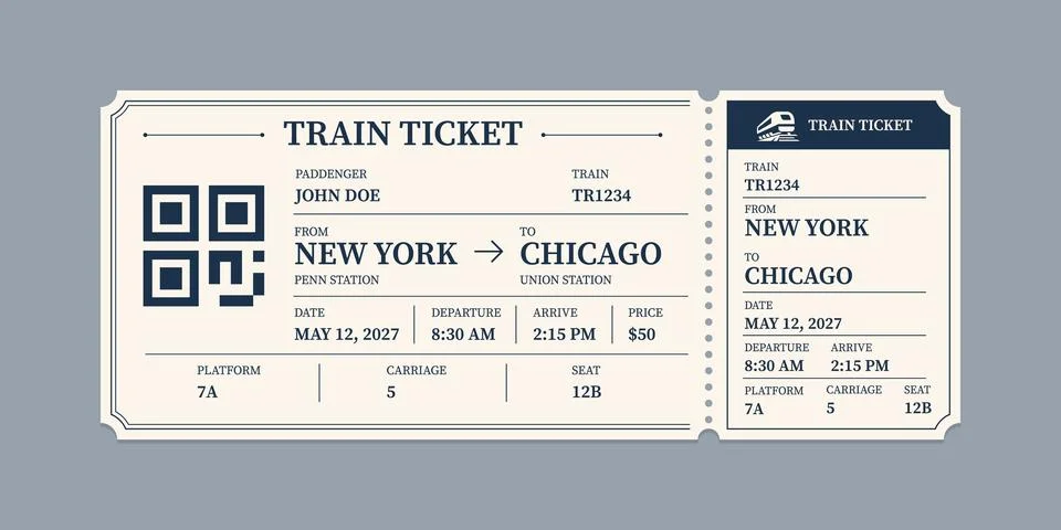 Vector flat train ticket template with passenger information and trip. Stock Illustration