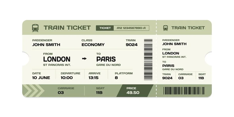 Vector flat train ticket template with passenger information and trip. Stockillustratie