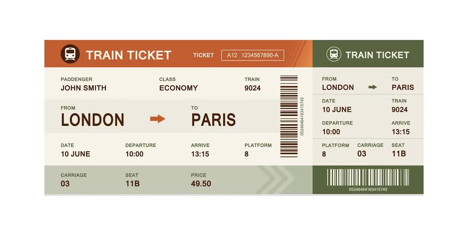 Vector flat train ticket template with passenger information and trip. Stock Illustration