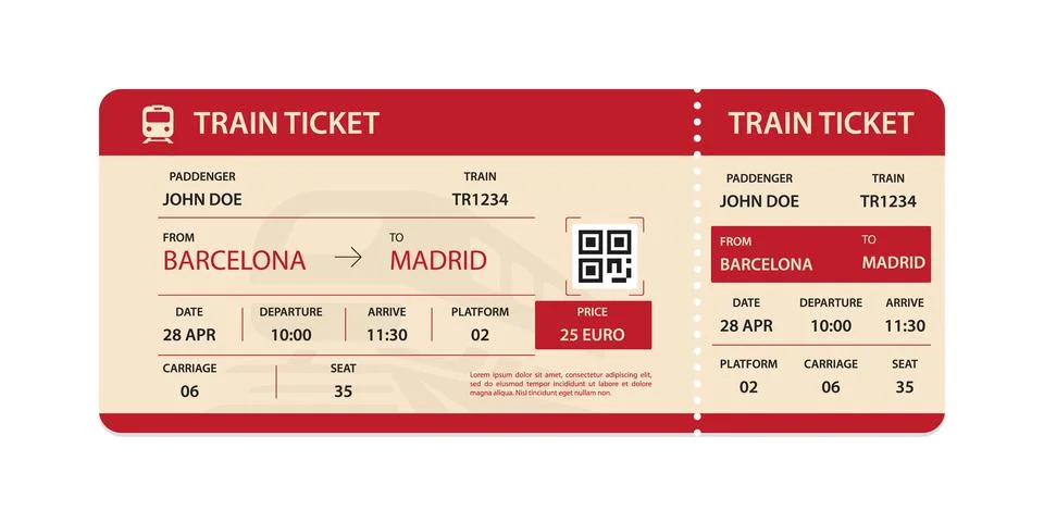 Vector flat train ticket template with passenger information and trip. Stock Illustration