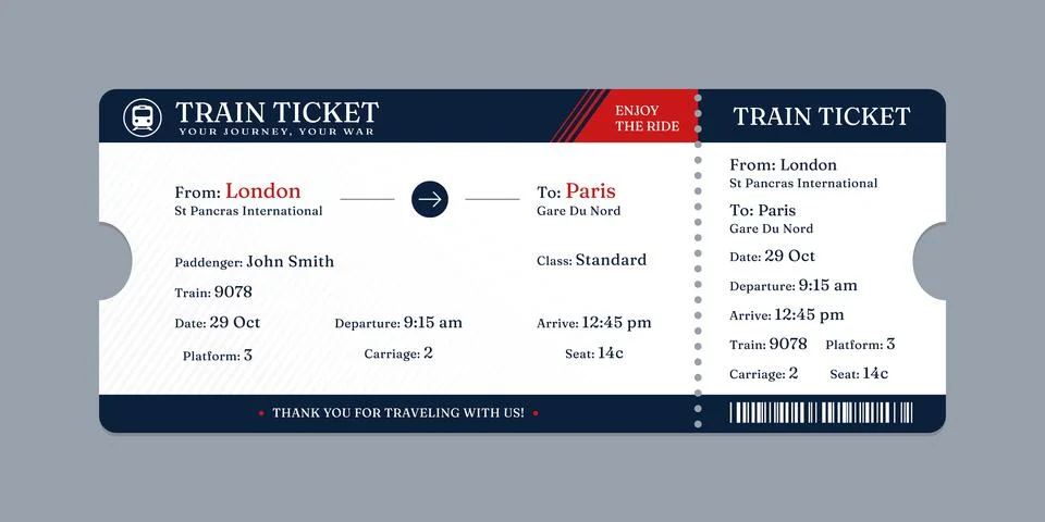Vector flat train ticket template with passenger information and trip. Stockillustratie