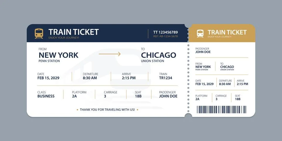 Vector flat train ticket template with passenger information and trip. Stockillustratie