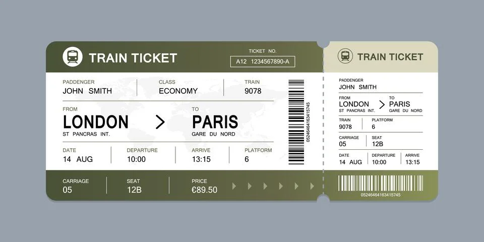 Vector flat train ticket template with passenger information and trip. Stockillustratie